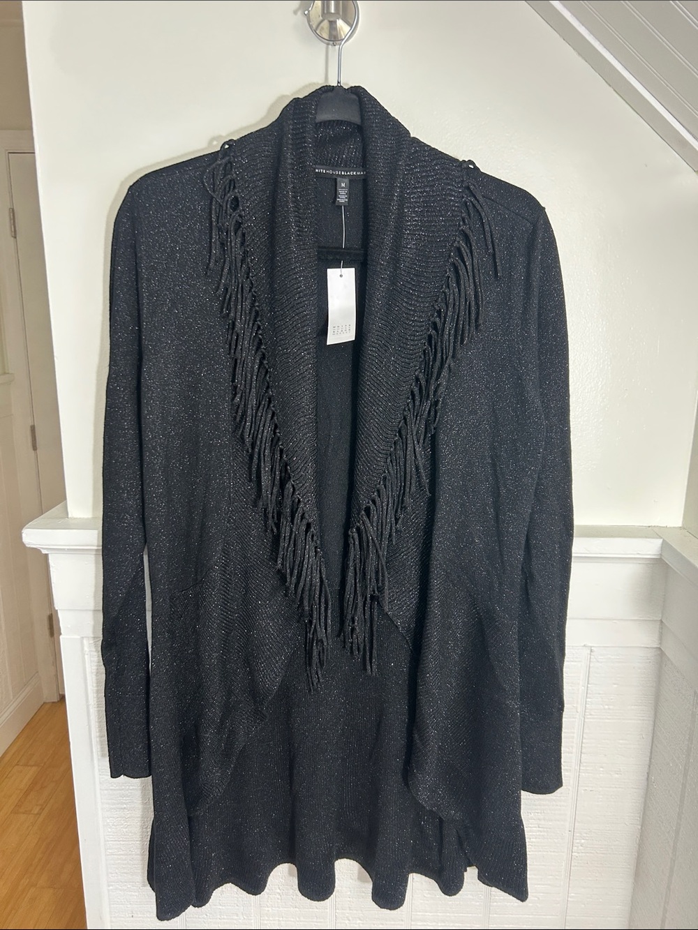 White House Black Market Novelty Fringe Open Cardigan Black Shimmer NWT, medium - Picture 2 of 5